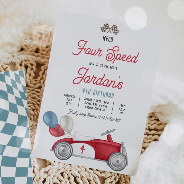 Need Four Speed Red Race Car 4th Birthday Party Invitation (Creator Uploaded)