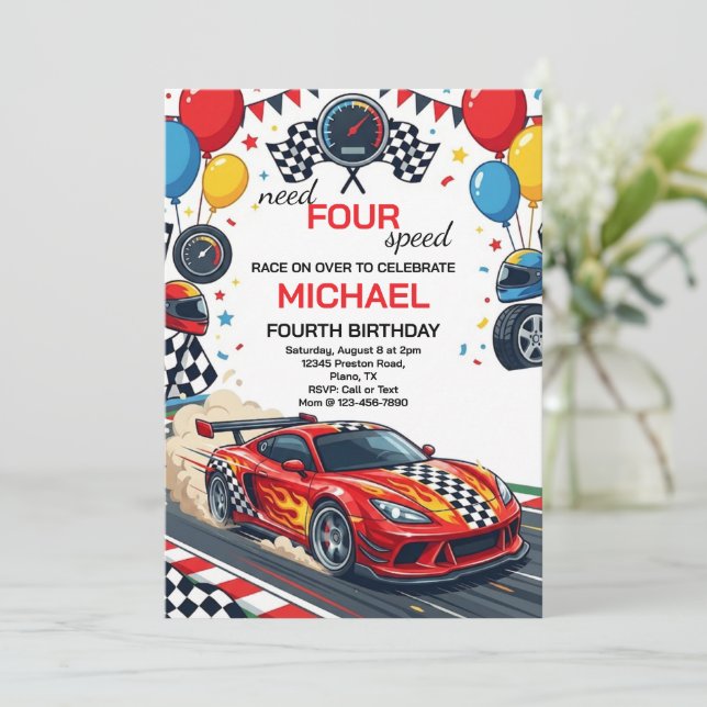 Need Four Speed Red Race Car 4th Birthday Party Invitation (Standing Front)
