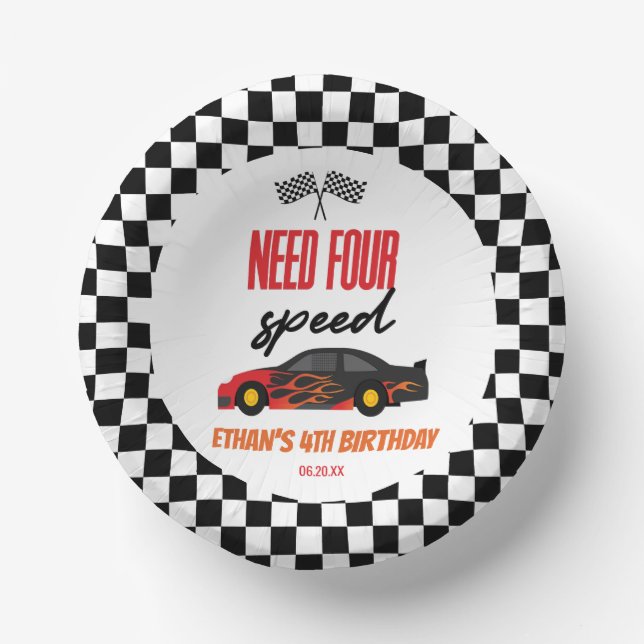 Need Four Speed Red Race Car 4th Birthday Party Paper Plate (Front)
