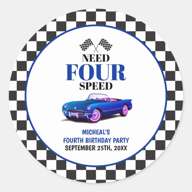 Need Four Speed Sports Car Blue Fourth Birthday Classic Round Sticker (Front)