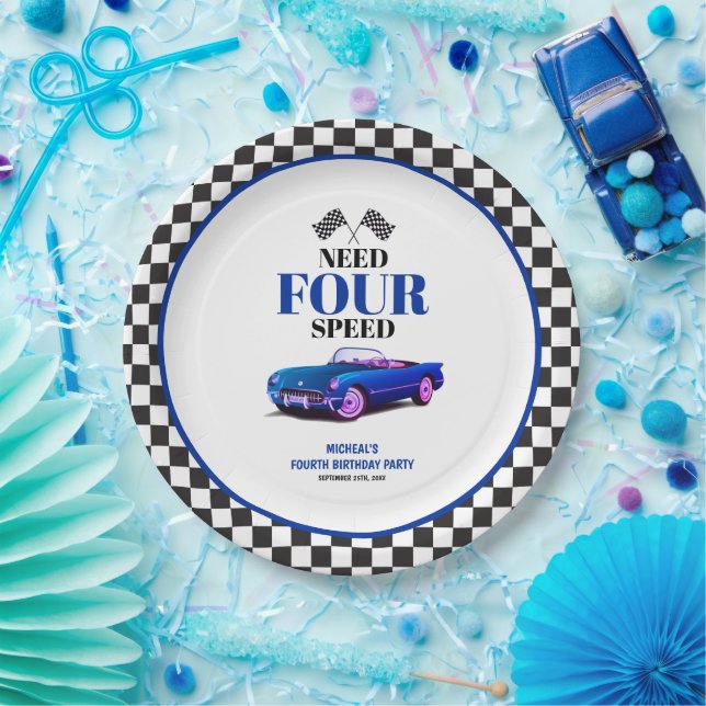 Need Four Speed Sports Car Blue Fourth Birthday Paper Plate (Party)