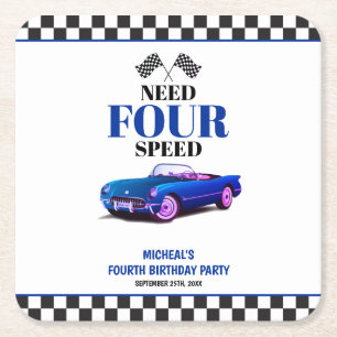 Need Four Speed Sports Car Blue Fourth Birthday Square Paper Coaster