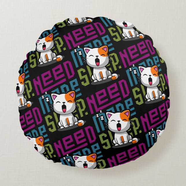 Need more Sleep | Funny Cat cute yawn expression Round Pillow (Front)