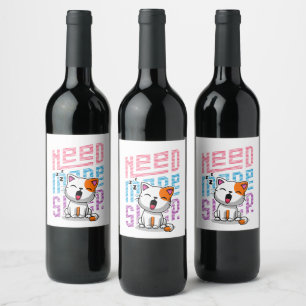 Need more Sleep Funny Cat cute yawn expression Wine Label