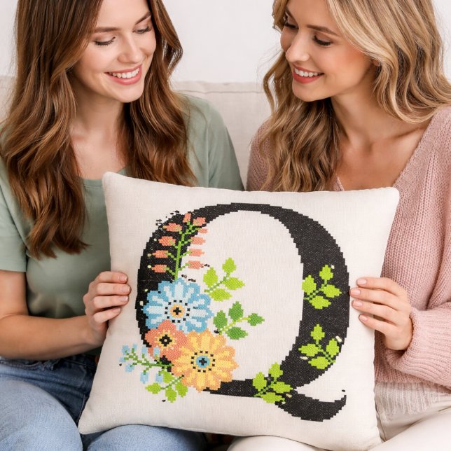 Needle Point Floral Letter O Throw Pillow (Creator Uploaded)