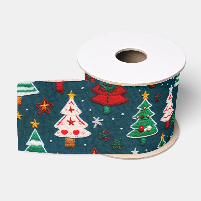 Needlework Christmas Trees Festive Holiday Grosgrain Ribbon (Spool)