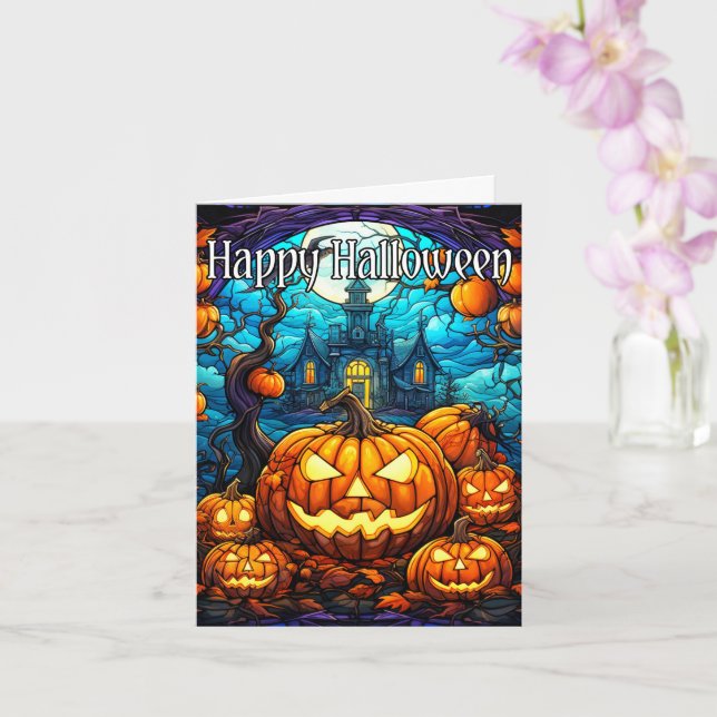 Nefarious Glowing Happy Halloween Pumpkin Card (Orchid)