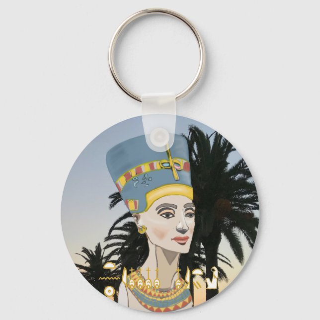 Nefertiti Colourful Portrait and Palm Trees Keychain (Front)