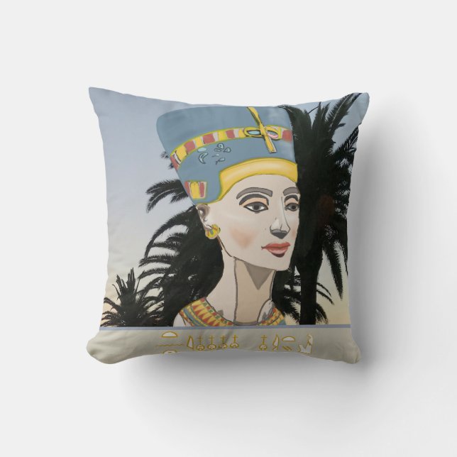 Nefertiti Colourful Portrait and Palm Trees   Throw Pillow (Front)