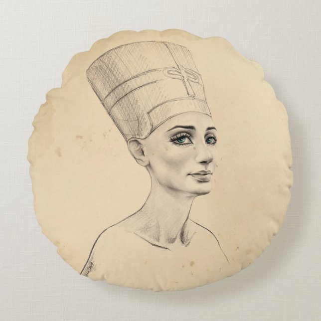 Nefertiti portrait drawing Ancient Egypt papyrus Round Pillow (Front)