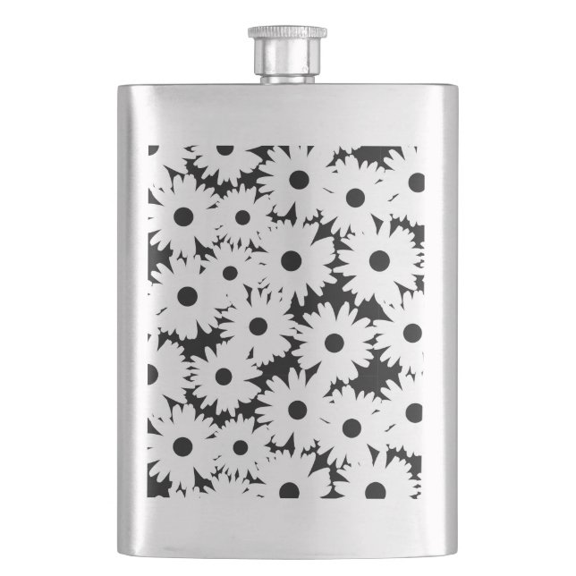 Negative Space Daisies white on black Hip Flask (Front)