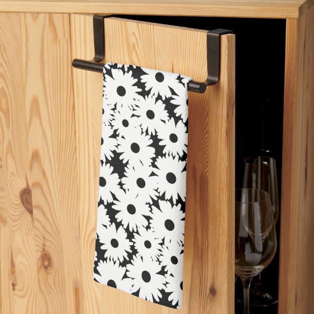 Negative Space Daisies white on black Kitchen Towel (Thirds Fold)
