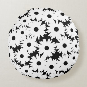 Negative Space Daisies white on black Round Pillow