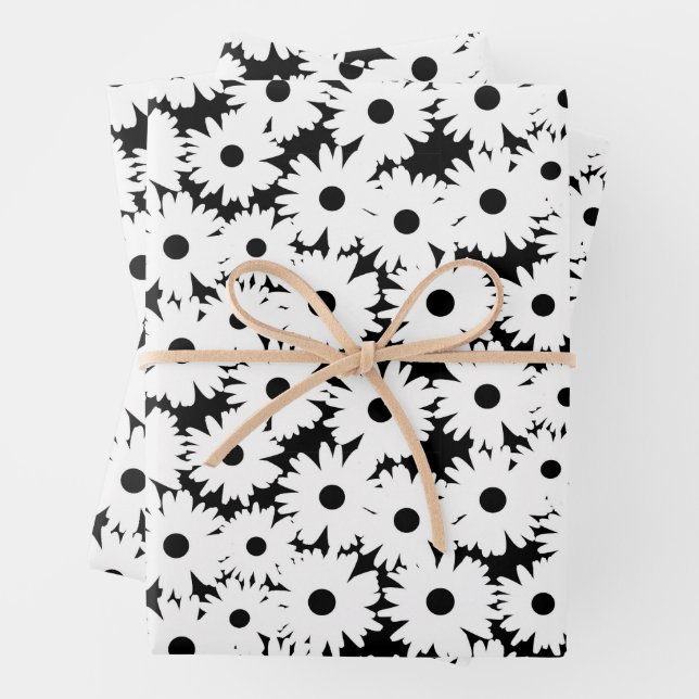 Negative Space Daisies white on black Wrapping Paper Sheet (In situ)