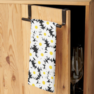 Negative Space Daisies white yellow on black Kitchen Towel