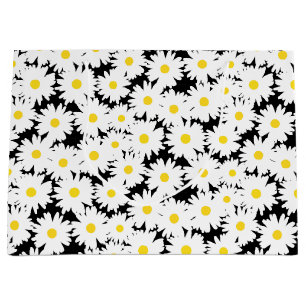 Negative Space Daisies white yellow on black Large Gift Bag