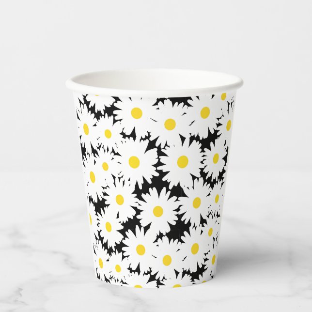 Negative Space Daisies white yellow on black Paper Cups (Front)