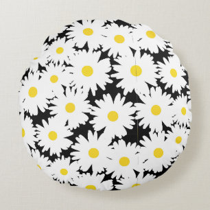 Negative Space Daisies white yellow on black Round Pillow