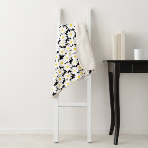 Negative Space Daisies white yellow on black Sherpa Blanket