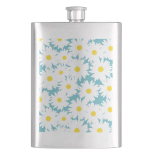 Negative Space Daisies white yellow on blue Hip Flask