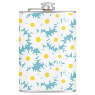 Negative Space Daisies white yellow on blue Hip Flask