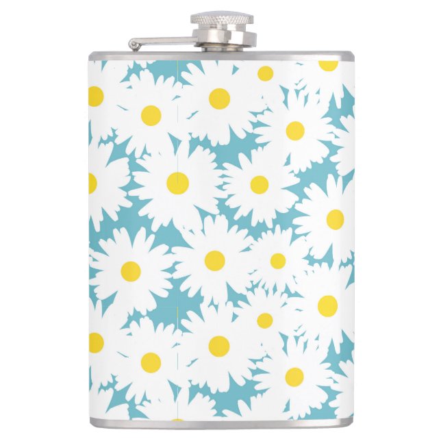 Negative Space Daisies white yellow on blue Hip Flask (Front)