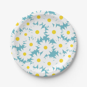 Negative Space Daisies white yellow on blue Paper Plate