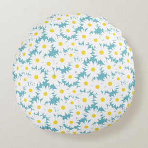 Negative Space Daisies white yellow on blue Round Pillow