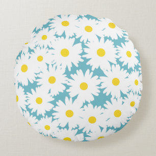 Negative Space Daisies white yellow on blue Round Pillow