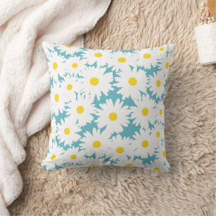 Negative Space Daisies white yellow on blue Throw Pillow