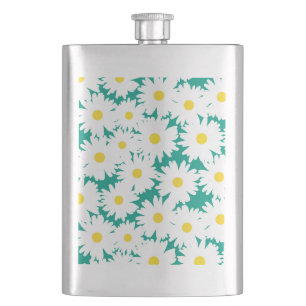 Negative Space Daisies white yellow on green Hip Flask