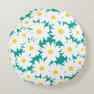 Negative Space Daisies white yellow on green Round Pillow