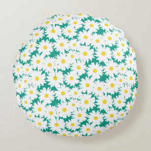 Negative Space Daisies white yellow on green Round Pillow
