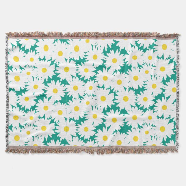 Negative Space Daisies white yellow on green Throw Blanket (Front)