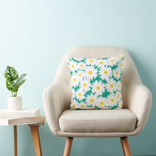 Negative Space Daisies white yellow on green Throw Pillow