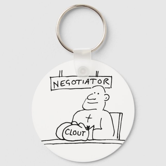 Negotiator at Desk has Boxing Glove with Clout Keychain (Front)