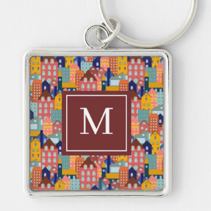Neighborhood Block City Houses Pattern Keychain