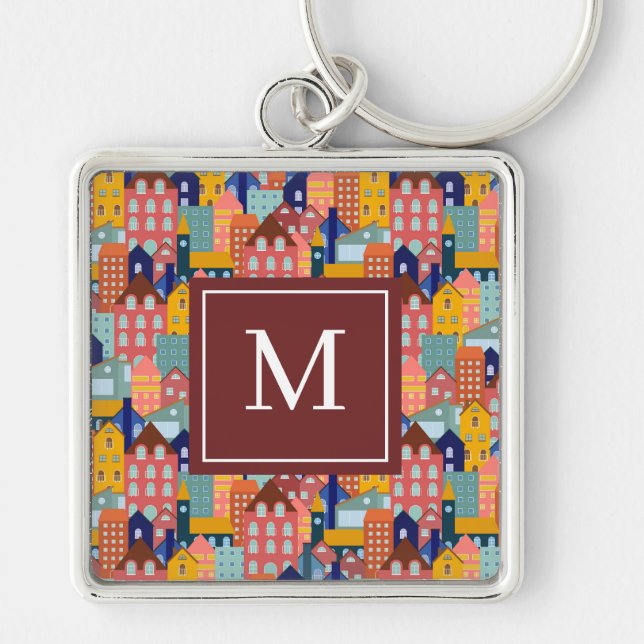 Neighborhood Block City Houses Pattern Keychain (Front)