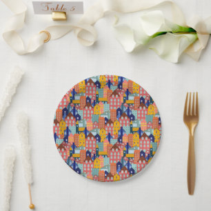 Neighborhood Block City Houses Pattern Paper Plate