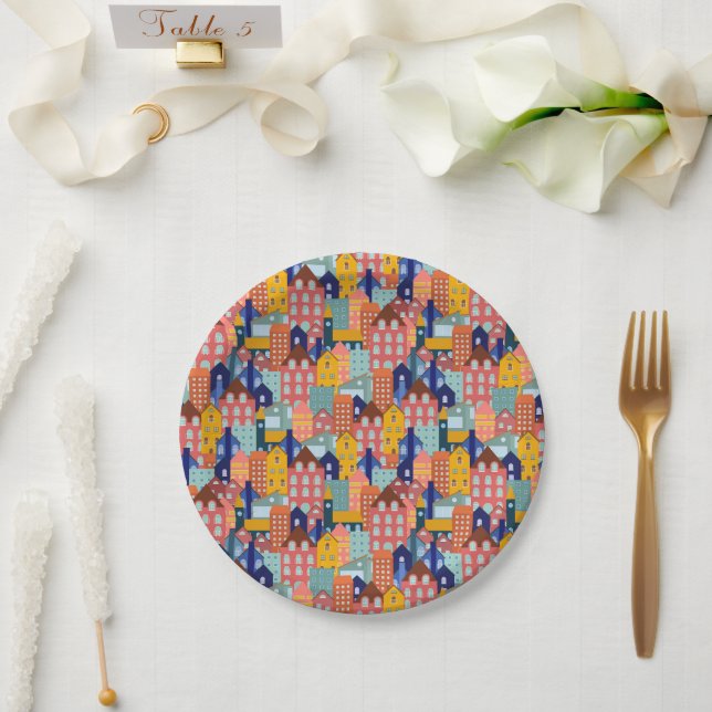 Neighborhood Block City Houses Pattern Paper Plate (Wedding)