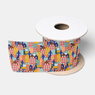 Neighborhood Block City Houses Pattern Satin Ribbon