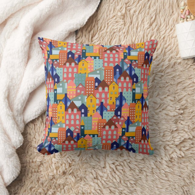 Neighborhood Block City Houses Pattern Throw Pillow (Blanket)