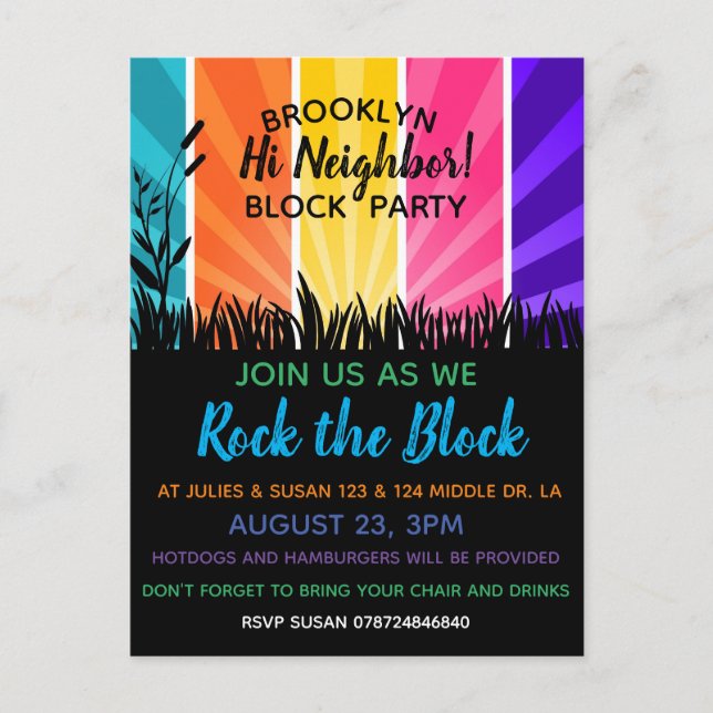 Neighborhood rock the block Block Party Invitation Postcard (Front)