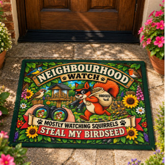 Neighborhood Watch Funny Squirrel Birdwatching  Doormat