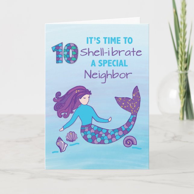Neighbour 10th Birthday Sparkly Look Mermaid Card (Front)