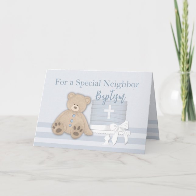 Neighbour Blue Baptism Cake Teddy Bear Card (Front)