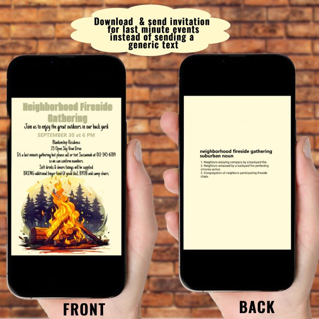 Neighbourhood Fireside Gathering Digital Download Invitation (When you need to send the invitation quickly, download it. Print it to mail when you have the time.)