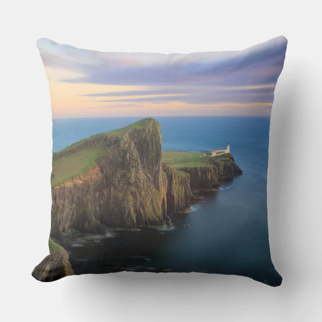 Neist point lighthouse on Skye at sunset Throw Pillow (Front)