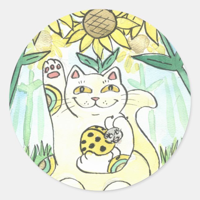 Neko Cat with The Lucky Ladybug: Ms. Sunflower Classic Round Sticker (Front)