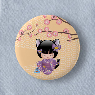 Neko Kokeshi Doll - Cat Ears Geisha Girl 2 Inch Round Button
